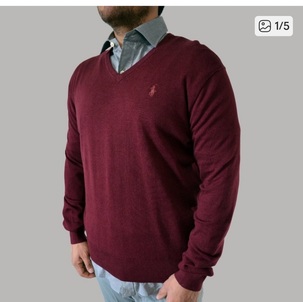 Ralph Lauren Men's Deep Red/ Burgundy V-Neck Sweater, Size L